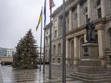 Umsturzpläne vor Weihnachten?: Der Baum vor dem Berliner Abgeordnetenhaus steht ganz schön schief
