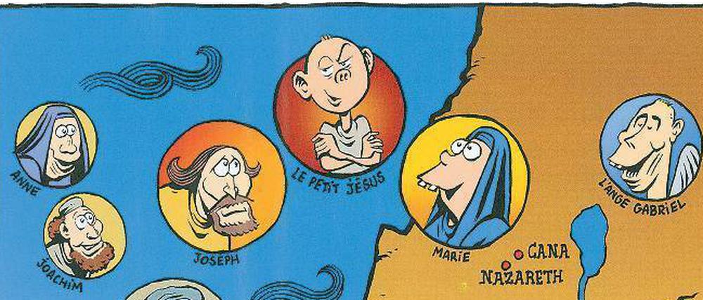 Heiliges Land. Karte zur „Wahren Geschichte des kleinen Jesus“, der Sonderausgabe von „Charlie Hebdo“ zu Weihnachten. Der Zeichner Laurant Sourisseau alias Riss wurde beim Attentat am 7. Januar verletzt, ist aber inzwischen außer Lebensgefahr.