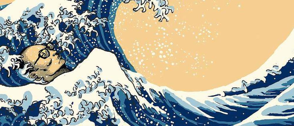 Liu Xiaobo in der berühmten Welle des Malers Hokusai: Cartoon von Badiucao, einem der bedeutendsten politischen Karikaturisten Chinas, der im Exil in Melbourne arbeitet. Seine Bilder zu Liu Xiaobo finden sich auch auf Mauern und Plakatwänden - überall dort, wo Menschen an den Friedensnobelpreisträger erinnern.