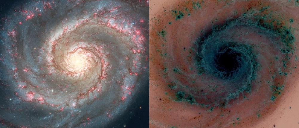 Im Urknall entstanden Materie und Anti-Materie – also auch Sterne und Anti-Sterne, Galaxien (hier Messier 51) und Anti-Galaxien?