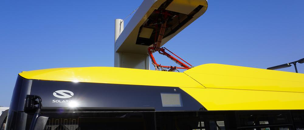 Von oben senkt sich der Stromabnehmer auf den Bus.