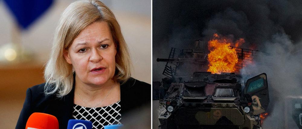 Bundesinnenministerin Nancy Faeser (links) und ein Kriegsschauplatz im ukrainischen Charkiw (rechts).