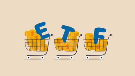 ETF, Exchange Traded Funds realtime mutual funds that tracking investment index trading in stock market concept, shopping carts or trolley full of Dollar money coins with alphabet combine the word ETF