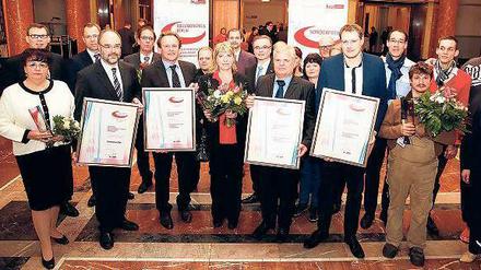 Vorbild für andere. Vertreter der Preisträger mit Sozialsenator Mario Czaja und Lageso-Präsident Franz Allert bei der Verleihung im Wappensaal des Roten Rathauses.