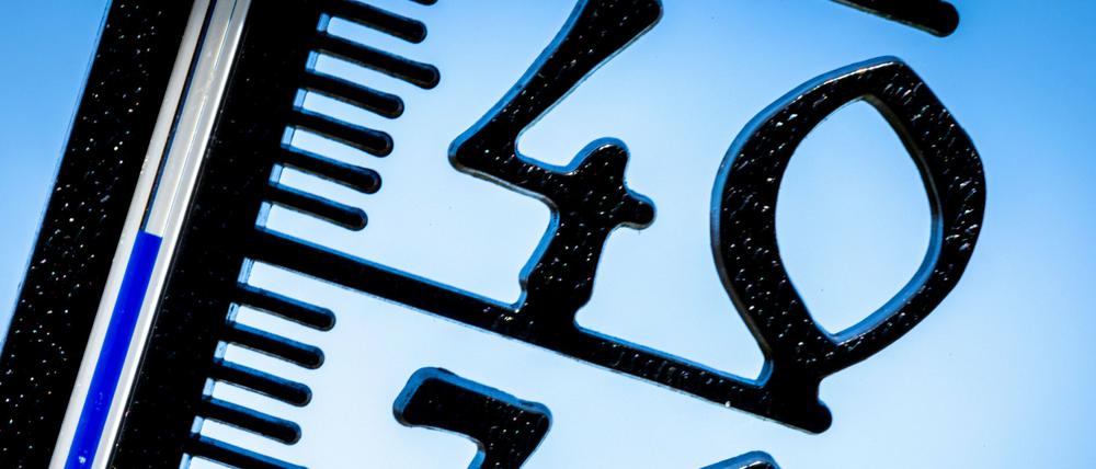 Ein Außenthermometer in einem Kleingarten zeigt die Temperatur von knapp 40 Grad an.
