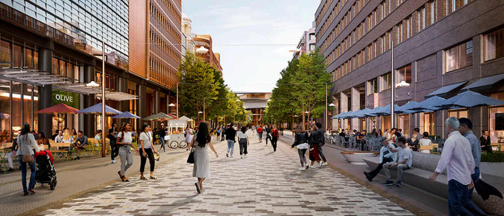 Blick in die Zukunft mit Fußgängerzone.