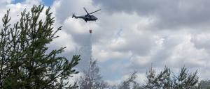 Ein Puma-Hubschrauber der Bundespolizei fliegt über dem Brand und wirft Löschwasser auf den Boden. Seit zwei Tagen brennt ein Walstück in der Gohrischheide im Landkreis Meißen. 