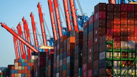 ARCHIV - 14.07.2022, Hamburg: Containerschiffe liegen im Waltershofer Hafen am Container Terminal Burchardkai (CTB) der HHLA (Hamburger Hafen und Logistik AG). Die exportorientierte deutsche Wirtschaft bekommt derzeit auch die Schwäche der Weltwirtschaft zu spüren. (Zu dpa "Konjunkturflaute: Nicht nur Inflation und höhere Zinsen belasten") Foto: Christian Charisius/dpa +++ dpa-Bildfunk +++