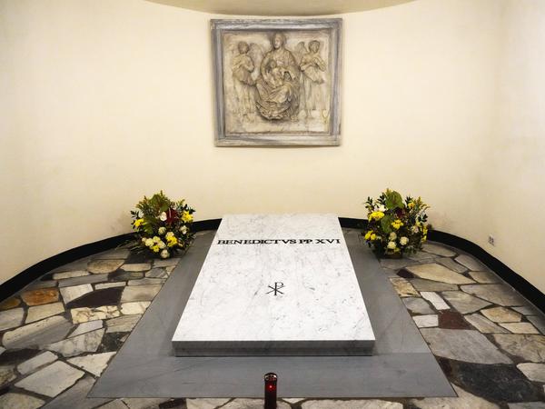 Vatican City: The tomb of the late Pope Emeritus Benedict XVI.  in the caves of St. Peter's Basilica.