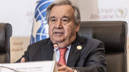 United Nation's Secretary-General Antonio Guterres speaks during a press conference after the end of the 36th Ordinary Session of the Assembly of the African Union (AU) at the Africa Union headquarters in Addis Ababa on February 18, 2023. (Photo by Amanuel Sileshi / AFP)