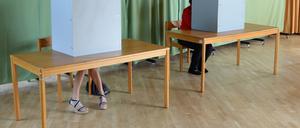 Zwei Wahlberechtigte sitzen in Wahlkabinen in Brandenburg.