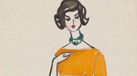 Frau in gelbem Etuikleid: eine Berliner Modezeichnung um 1955-1958