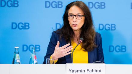 Yasmin Fahimi, Vorsitzende des Deutschen Gewerkschaftsbundes,  am Montag in Berlin.