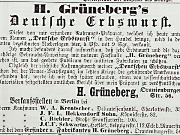 The patent certificate: Heinrich Grüneberg had the concept and recipe protected.  The document dates from 1870.