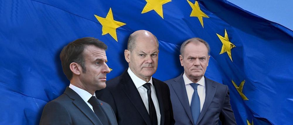 Der französische Präsident Emmanuel Macron, Bundeskanzler Olaf Scholz und der polnische Ministerpräsident Donald Tusk.