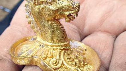Hochkultur. Ein Archäologe präsentiert einen goldenen Pferdekopf, der im November 2012 entdeckt wurde.