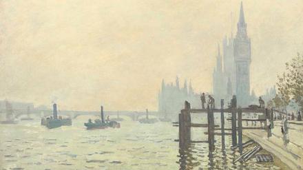 Zeuge der Industrialisierung. 1871 malte Monet das Parlament in London, mit Dampfschiffen auf der Themse. Rechts bauen Arbeiter das Embankment.