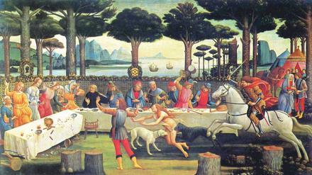 Alles kommt auf den Tisch. Sandro Botticelli malte diese wilde Szene aus dem „Decamerone“ im Jahr 1487. 