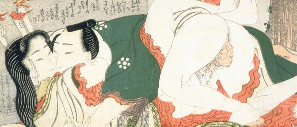 Freuden einer abendlichen Begegnung. Ein Blatt des für seine erotischen Darstellungen berühmten japanischen Malers Keisai Eisen aus der späten Edo-Zeit.