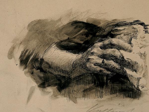 Filigran. Tuschpinselzeichnung "Handstudie" von 1891. Die Arbeit belegt, dass Käthe Kollwitz nicht auf den expressionistischen Holzschnitt zu reduzieren ist