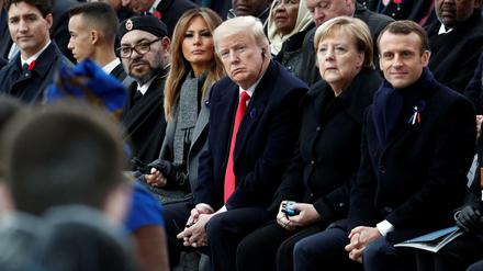 Gedenkzeremonie in Paris: Frankreichs Präsident Emmanuel Macron, Bundeskanzlerin Angela Merkel, US-Präsident Donald Trump, First Lady Melania Trump. 