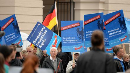 Gegen Asylbewerber und Einwanderung: Anhänger der AfD demonstrieren am 23.09.2015 vor dem Landtag in Potsdam.