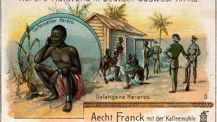 Sammelbildchen von Aecht Franck Kaffeezusatz (1905). Von 1904 bis 1908 erhoben sich die Herero gegen die Deutsche Kolonialmacht. 