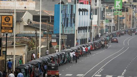 Rikscha-Fahrer stehen am 5. Juli in Colombo Schlange, um knappes Benzin zu kaufen.
