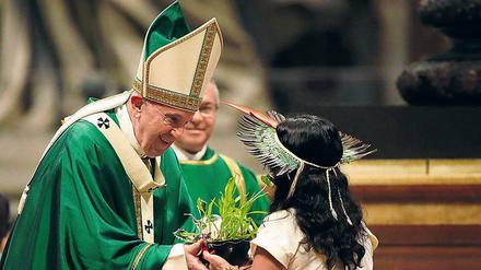 Hoffnungsgrün. Papst Franziskus bekommt bei der Abschlussmesse eine Pflanze von einer Jugendlichen aus dem Amazonasgebiet überreicht. 