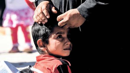 Ein weinendes Kind schmiegt sich an einen Erwachsenen, dessen Hände liegen auf dem Kopf des Kindes.