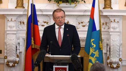 Alexander Jakowenko, russischer Botschafter in London, spricht bei einer Pressekonferenz zum Fall Skripal.
