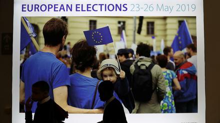 Ein Plakat für die Europawahl beim Europäischen Parlament in Brüssel.