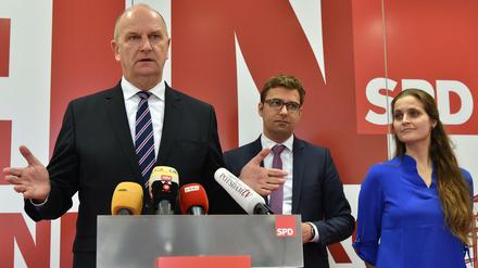 Dietmar Woidke, Landesvorsitzender, Erik Stohn, Generalsekretär in Brandenburg, und Maja Wallstein, Kandidatin für die Europawahl. 