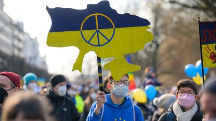 Ein junger Demonstrant in Hamburg trägt die Papp-Silhouette der Ukraine in den Landesfarben mit einem Peace-Zeichen.