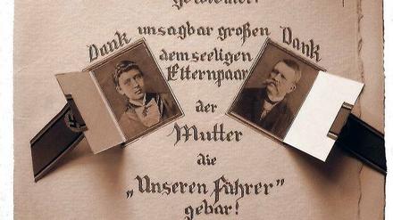 Die Liebe zum Führer auf Büttenpapier. Lotte J. Kaiser sandte Hitler einen Glückwunsch zum Muttertag als „unsagbar großen Dank dem seeligen Elternpaar, der Mutter, die ,Unseren Führer’ gebar“.