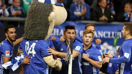 Nabil Bentaleb, Johannes Geis, Max Meyer, Benedikt Höwedes und Matija Nastasic (l-r) von Schalke bejubeln das 1:0 gegen Mainz. 