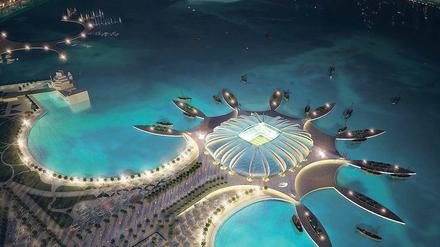 Schöne neue Fußballwelt. Das Doha Port Stadium ist eines von zwölf geplanten WM-Stadien. Entworfen wurde es vom deutschen Architekten Albert Speer. Es wird auf einer künstlichen Halbinsel errichtet, das Meerwasser soll zur Kühlung beitragen. Nach der WM wird das Stadion wieder abgebaut. Foto: dpa
