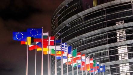Die EU-Flaggen vor dem Europäischen Parlament in Strasbourg. 