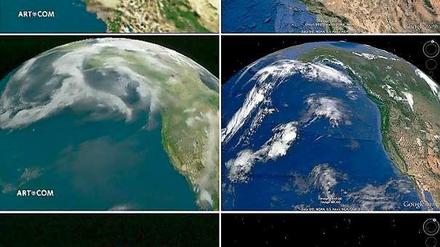 Anhand von Bildern aus Terravision (1996) und Google Earth (aktuell) will Art+Com den gemeinsamen Ursprung beider Programme belegen.