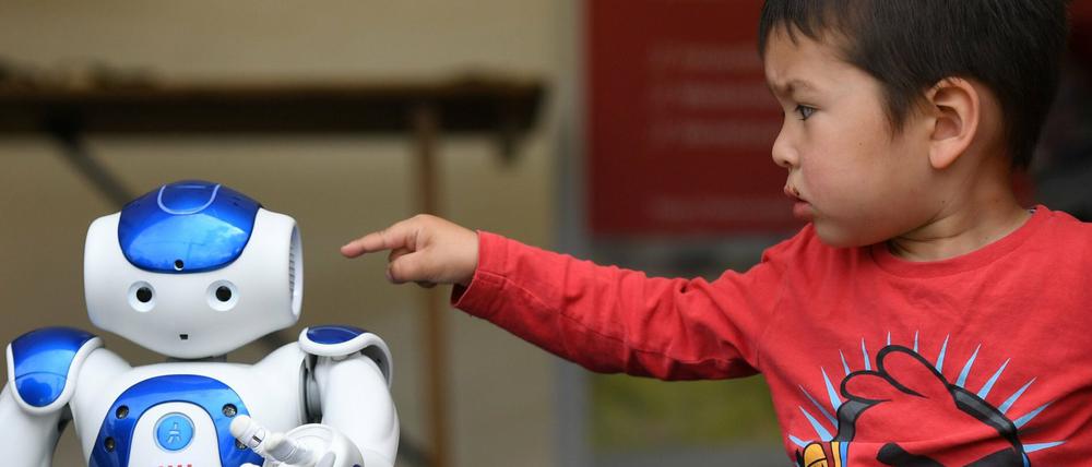 Ein kleiner Junge ist im Begriff, einen sitzenden Roboter mit dem Finger anzutippen.