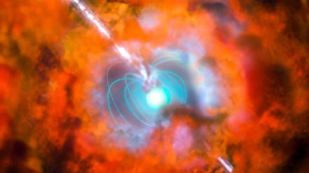 Extrem. Diese künstlerische Darstellung zeigt eine Supernova und den zugehörigen Gammastrahlenausbruch, der durch einen sich schnell drehenden Neutronenstern mit einem starken Magnetfeld angetrieben wird – ein exotisches Objekt, das auch als Magnetar bezeichnet wird. 