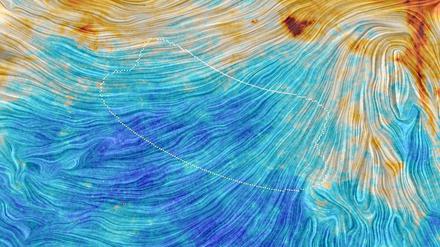 Staubige Angelegenheit. Die Grafik zeigt einen Teil des südlichen Himmels, aufgenommen mit "Planck". Die Farben kennzeichnen, wie viel Strahlung von Staub in den einzelnen Regionen abgegeben wird. Die länglichen Linien markieren das galaktische magnetische Feld. Die weiße gestrichelte Linie zeigt den Ausschnitt, den BICEP2 analysiert hat. Dort gibt es zwar weniger Staub, aber doch genug, um Irritationen hervorzurufen. Die vermeintlichen Signale der kosmischen Inflation sind in Wirklichkeit wohl eher Strahlung des Staubs. 